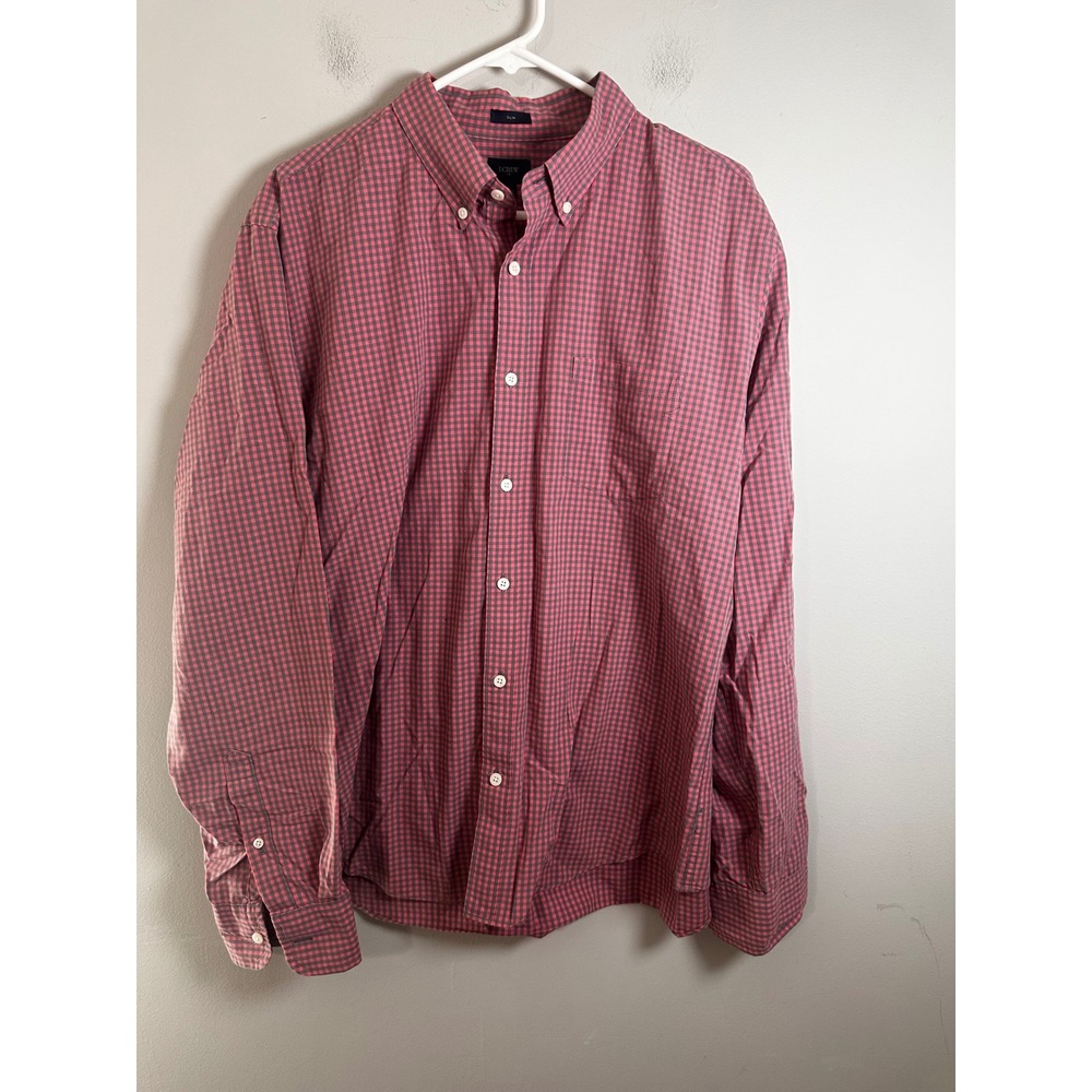 J.Crew Mens XL Slim Fit Gingham Button Down‎ Shirt Pink Gray Cotton 49208 FA 15